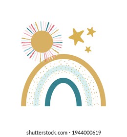 Boho Rainbow, Sun, and Stars Vector Illustration Print
