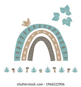 Boho rainbow with tree pattern on white background. Leaves, firs, mushrooms and bird, hand drawn sketch in doodle style. Trendy vector element for baby clothes, linens, wallpaper print, wall decor.