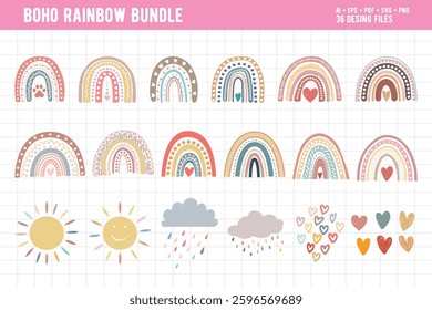 Boho Rainbow Vector Bundle Digital Cut Files for Cricut Silhouette and More. Nursery Decor Kids Room Wall Art DIY Craft Projects T Shirts Mugs Stickers Scrapbooking Vinyl Decals and Printable Designs
