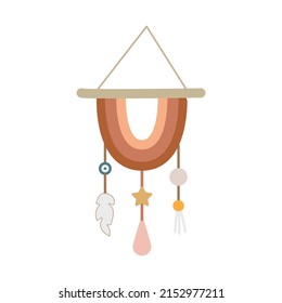 La decoración de las paredes del arco iris de Boho. Diseño plano Pastel. Estilo bohemio. Concepto bohemio. Decoración cuidada con plumas y pendiente. Ilustración de material vectorial