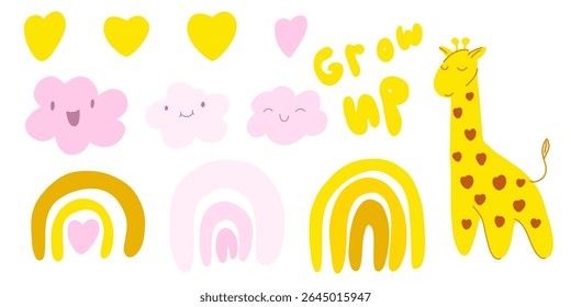 Boho rainbow, yellow sun giraffe, organic nursery and baby room. Abstract minimalist arch. Stock modern trendy hand drawn flat illustration isolated on white background.
