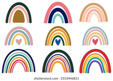 Boho rainbows abstract shapes set, silhouette of rainbow vector illustration, rainbows with clouds, abstract hand drawn collection. glyph nature weather elements for poster, print, card or books.