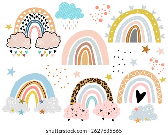 Boho rainbows abstract shapes set, silhouette of rainbow vector illustration, rainbows with clouds, abstract hand drawn collection. glyph nature weather elements for poster, print, card or books.
