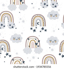 Boho rainbows, clouds and shining stars seamless pattern in pastel color. Kids texture for fabric, wrapping, textile, wallpaper, apparel.
