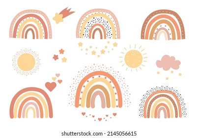 Boho Rainbows. Cute Set in Pastel and Earthy Colors. Vector Isolated Elements. Scandinavian Style. Neutral Nursery Art
