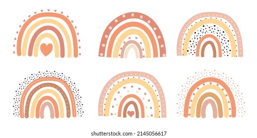 Boho Rainbows. Cute Set in Pastel and Earthy Colors. Vector Isolated Elements. Scandinavian Style. Neutral Nursery Art