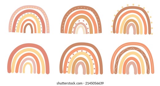 Boho Rainbows. Cute Set in Pastel and Earthy Colors. Vector Isolated Elements. Scandinavian Style. Neutral Nursery Art