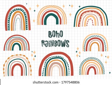 Boho rainbows hand drawn vector set. Modern hippie style collection