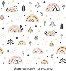 Boho Rainbows Pattern.Vector seamless pattern with boho rainbows, flowers, sprigs on white. Perfect decoration for kids playroom and bedroom, fabrics, wallpapers, Muted trendy colors. Wrapping paper