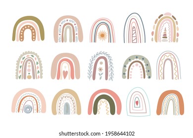 Boho rainbows set abstract shapes, simple hand drawn silhouette vector illustration in trendy pastel colors, minimalist concept perfect for making cards, banners, modern posters, textile, papercraft