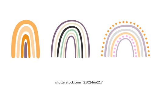 Boho rainbows set abstract shapes, simple hand drawn silhouette vector illustration in trendy pastel colors, minimalist concept perfect for making cards, banners, modern posters, textile, papercraft