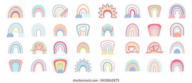 Arco iris boho fijado. Colección de arco iris boho dibujado a mano. Colección Doodle rainbow. Caricatura arco iris