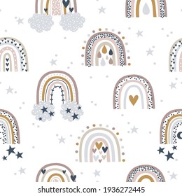 Boho rainbows and stars seamless pattern in pastel color. Kids texture for fabric, wrapping, textile, wallpaper, apparel.