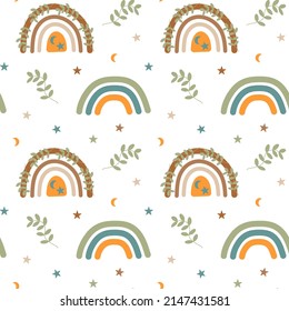 Arcos de boho, ramas, estrellas y luna sin costura. Fondo de diseño escandinavo.