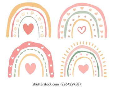 Boho rainbows vector, hand drawn nursery rainbow. rainbow with heart, cute rainbow design for kids and baby