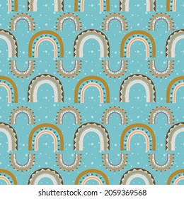 Boho rainbows vector repeat pattern on turquoise background