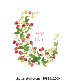 Boho raspberry floral wedding vector frame. Watercolor berries, flowers, leaves border template for marriage ceremony, minimal spring invitation card, decorative summer banner