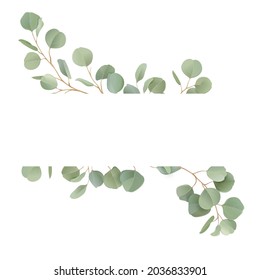 Boho realistic eucalyptus floral wedding vector frame. Watercolor tropical greenery branches border template for marriage ceremony, minimal spring invitation card, decorative summer banner