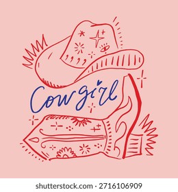 Boho rojo rosa vaquera sombrero y bota estampados, funky groovy vaquera hippie o vaquero concepto de letras Clip-arte. Ilustración vectorial EPS.