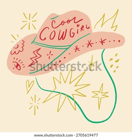 Boho red pink cowgirl patterned hat, funky groovy hippie cowgirl or cowboy concept lettering clip-art. Vector illustration EPS.