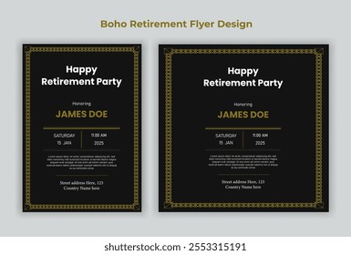 Boho Retirement flyer Happy retirement flyer vintage traditional boho bohemian flyer celebration festive brochure natural clean fresh vector illustration modern old elder art retire card confetti 