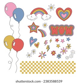 Boho Retro balloons rainbow heart strars flowers checkerboard vector illustration set isolated on white. Groovy food print collection.