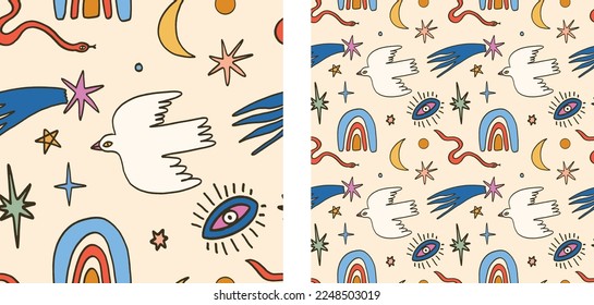 Boho Retro Celestial Trippy Pattern Peace Cosmos Motif Seamless Hand-Drawn Vector Illustration