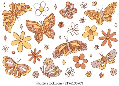 Boho retro groovy butterflies and flowers vector set. Clip art for boho poster, card, t shirt print, sticker.