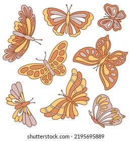 Boho retro groovy butterflies vector set. Illustration for boho poster, card, t shirt print, sticker.