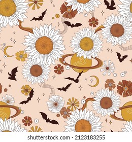 Boho retro Halloween Bat fly in floral sunflower space vector seamless pattern. Rearmouse silhouette among stars planets and flowers background. Hippie galaxy autumn faded colours surface design.