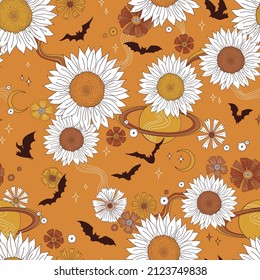 Boho retro Halloween Bat fly in floral sunflower space vector seamless pattern. Rearmouse silhouette among stars planets and flowers background. Hippie galaxy autumn faded colours surface design.