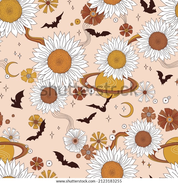 Boho retro Halloween Bat fly in floral sunflower\
space vector seamless pattern. Rearmouse silhouette among stars\
planets and flowers background. Hippie galaxy autumn faded colours\
surface design.