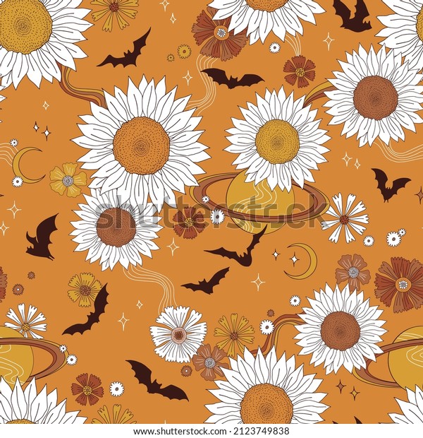 Boho retro Halloween Bat fly in floral sunflower\
space vector seamless pattern. Rearmouse silhouette among stars\
planets and flowers background. Hippie galaxy autumn faded colours\
surface design.