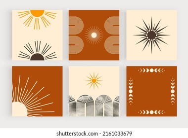Boho retro wall art prints with sun and rainbow shapes