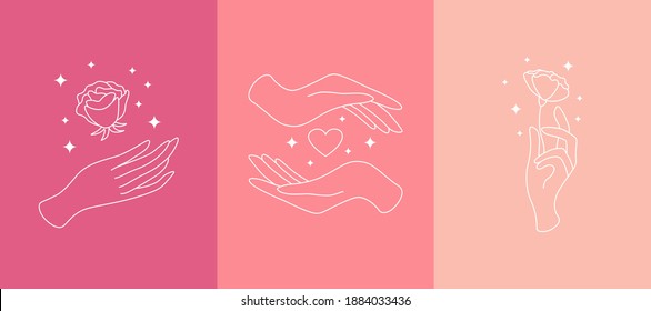 Boho romantic doodle set. Magic simple line logo icons with hands, roses, stars. Bohemian modern vector illustration