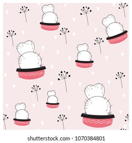 Boho & Romantic girly hand drawn Pattern with a pink background. Botanical and Floral elements with cactus