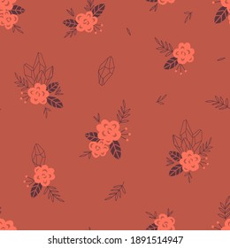 La rosa de Boho y el patrón vectorial transparente. Fondo rojo de la flor gitana gitana de bohemia floral para el diseño de papel textil