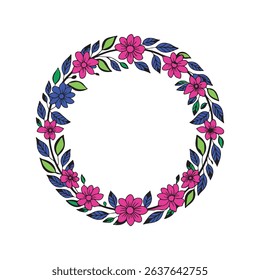 Boho round floral frame with blue moon on white background vector style smooth line