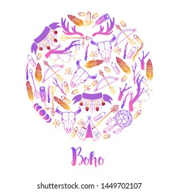 Boho round pattern vector illustration. Dream catcher amulet, scull, plants such as flowers with bohemian leaves, branch, arrows with heart, moon feather, ethnic tribal eyes, tepee.