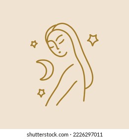 Boho Sacred Magic Line Art Minimalist Woman Icon, Modern Abstract Silhouette Isolated On Color Background. Mystical Flat Art Girl, Symbol Of Holistic Medicine, Meditation, Reiki, Wellness, New Age