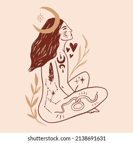 Boho sacred magic meditating woman vector illustration