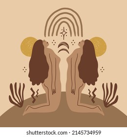 Boho sacred magic woman mystical symbol flat holistic healing meditation Reiki New Age concept modern abstract silhouette vector illustration