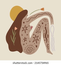 Boho sacred magic woman mystical symbol flat holistic healing meditation Reiki New Age concept modern abstract silhouette vector illustration