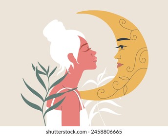 Boho sacred magic woman mystical symbol, Side view portrait female in a white dress faces a yellow crescent moon, The nature of tropical leaves, Abstract portraits in pastel colors. Vector design.