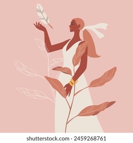 Boho sacred magic woman mystical symbol, Side view portrait female in a white dress with feathers, The nature of tropical leaves, Abstract portraits in pastel colors. Vector design.