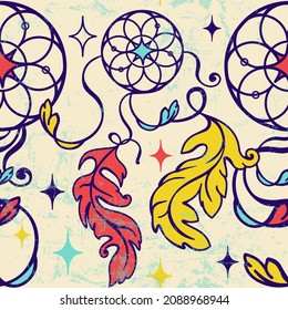 Boho Sacred mandalas, dreamcatcher seamless pattern. Symbols of wisdom and path to perfection. Esoteric wallpaper, celestial fabric, apparel, textile print.Repeating illustration.