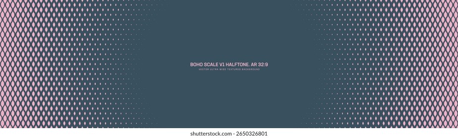 Boho scale halftone pattern round frame ultra wide 32:9 aspect ratio pale pink blue vector abstract background. Bohemian retro style half tone graphic panoramic ultrawide format fancy abstraction