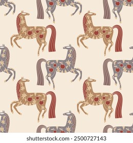 Boho Scandinavian tribal folk style celestial ornate horse character vector hand drawn illustration. Wild animal drawing with floral elements seamless pattern. Cute floral flat background, childish