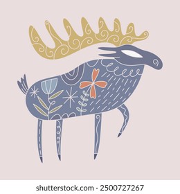 Boho Scandinavian tribal folk style celestial ornate moose character vector hand drawn illustration. Wild animal drawing with floral elements and flowers. Cute cartoon woodland composition poster or