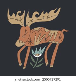 Boho Scandinavian tribal folk style celestial ornate moose character vector hand drawn illustration. Wild animal drawing with floral elements and flowers. Cute cartoon woodland composition poster or